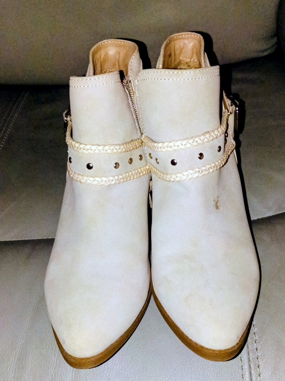 pop Cream Braided-Strap Ankle Booties